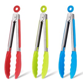 OIULO Small Tongs For Cooking,7 inch Kitchen Mini Tongs with Silicone Tips Great for Air Fryer Cooking Serving Tong Set of 3 Turning Appetizers,Veggies,Salad,Grilling,Frying,Food tong (Red Blue Green)