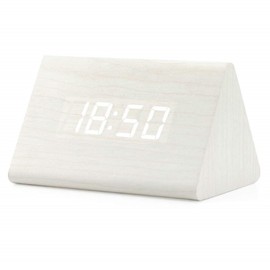 GEARONIC Digital Alarm Clock Wooden Alarm Clock Wood Modern Triangle Alarm Digital Desk Clock, Displays Time Date Temperature Calendar Wood Made Electric Clocks for Bedroom, Bedside - White