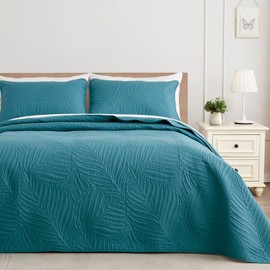 Exclusivo Mezcla King Size Quilt Bedding Set, Lightweight Teal Quilts King Size for All Seasons, Soft Microfiber Bedspreads Coverlets Bed Cover with Leaf Pattern, 3 Piece