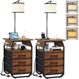 runjuly Floor Lamp with Table Set of 2, Night Stand with Lamp Attached 3-Color Temperature Bulb, End Table Lamp with 3 Drawers & Charging, Lamp Table Combo for Bedroom, Living Room, Dorm -Rustic Brown