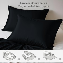 LINENWALAS 100% Organic Bamboo Pillow Cases 2 Pack, Soft Premium Bamboo Silk Pillow Cases for Hair and Skin, Standard Size Cooling Pillowcases with Envelope Closure (50x75 cm, Jet Black)