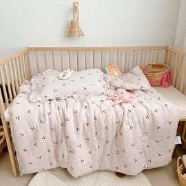 BuLuTu 1 Piece Baby Toddler Muslin Quilt Blanket 79x59 Inches, Crib Comforter Cute Cherry Print Quilted Blankets for Boys Girls Toddler Comforter, Soft Breathable, Machine Wash