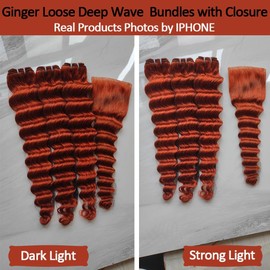 Ginger Closure with Bundles Human Hair Loose Deep Wave(18 20 22+16) #350 Colored Brazilian Sew In 3Bundles and 4x4 Lace Closure