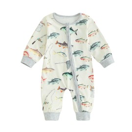Mieeyali Newborn Baby Boy Clothes Baby Fishing Outfit Toddler Fish Print Zipper One-piece Jumpsuit Fall (White, 0-6 Months)