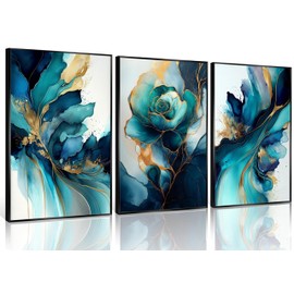 RULCER 3 pcs Green gold canvas wall art Modern Blue Green and Gold Abstract Marble Fluid Painting Pictures Wall Decor for Living Room Bedroom Office Scene Home Decoratio（Unframed）