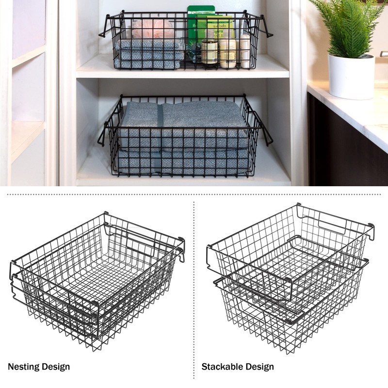 Home-Complete Nesting Storage Bins Stackable Wire Baskets, Set of 2,
