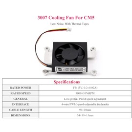 Dedicated 3007 Cooling Fan Compatibe with RPi Compute Module 5, Low Noise 5V Power Supply PWM Speed Adjustment, with Thermal Tapes
