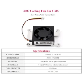 Dedicated 3007 Cooling Fan Compatibe with RPi Compute Module 5, Low Noise 5V Power Supply PWM Speed Adjustment, with Thermal Tapes