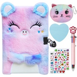 SJAWAYI Diary with Lock and Keys, Gift for 6 7 8 9 Year Old Girl, Kids Journal Notebook Set with Multicolored Pen, Coin Purse, Post-it Note, Stickers, Cute Plush Secret Diary for Kids (B Cute Pig)