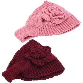 Handmade Crochet Flower Headwrap Knit Headband Women Warmer Ear Wide Turban Hairband Bandage (Pink&Wine, One size)
