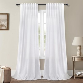2 Panels Set White Linen Curtains 105 Inches Long for Living Room Rod Pocket Back Tab Curtain Country Farmhouse Decor Light Filtering Sheer Drapes for Bedroom Patio Door Doorway Closet 105 Inch Length