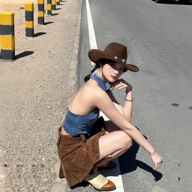 Michear Western Cowboy Hat for Men Women, Wide Brim Felt Hat Outdoor Hat with Belt Buckle Adult Unisex (One Size, Brown)