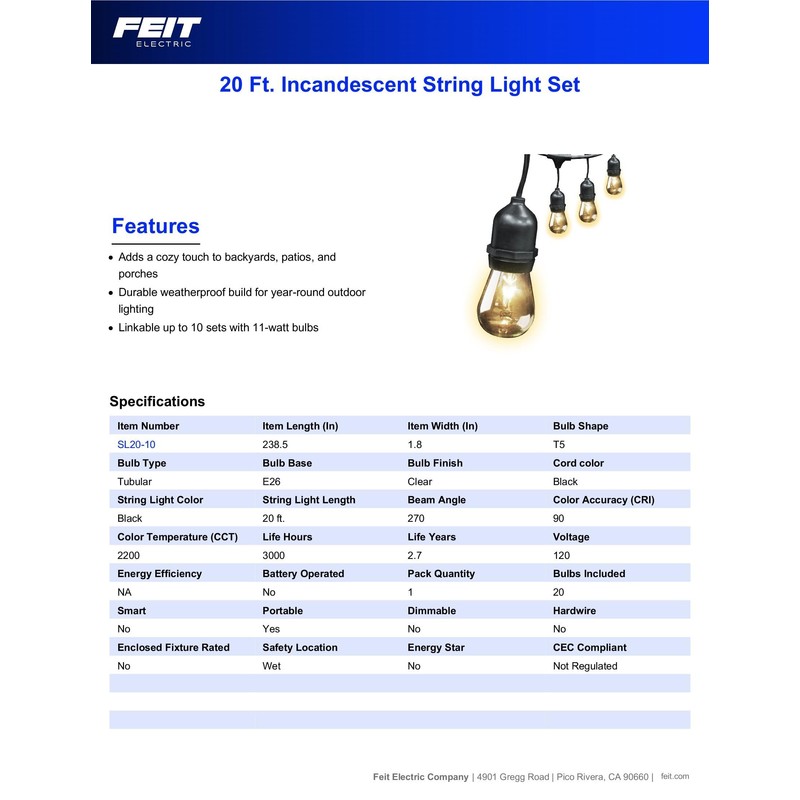 Feit Electric 20ft Incandescent and Weatherproof String Lights with 10