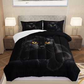 AILONEN 3D Black Cat Comforter Set Full Size, Hidden Black Cat Bedding Set for Children Boys Girls,Black Theme Bed in a Bag,Soft Microfiber,1 Quilt and 2 Pillowcases for All Season