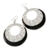Black Enamel Cut Out Hoop Earrings in Silver Tone/75mm Drop