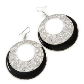 Black Enamel Cut Out Hoop Earrings in Silver Tone/75mm Drop