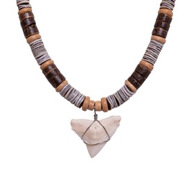 BlueRica Shark Tooth on Graduated Brown Coconut & Oyster Shell Beads Necklace (20" 4U)