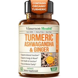Ashwagandha Organic Turmeric Curcumin Supplement with Ginger Root & Black Pepper – Joint Health, Energy & Immune Support – Antioxidant Blend with 95% Curcuminoids – 60 Capsules