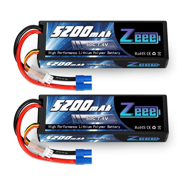 Zeee 7.4V 2S 5200mAh Lipo Battery 50C Hard Case Battery with EC3 Plug Compatible with 1/8 1/10 RC Vehicles Car Slash RC Buggy Truggy RC Airplane UAV Drone(2 Pack)