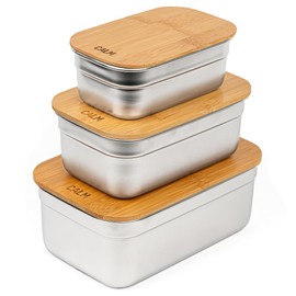Calm Organics Stainless Steel Food Containers with Bamboo Cutting Board Lids | Set of 3 Reusable Meal Prep Boxes | Airtight Leak-Resistant | Dishwasher Safe | BPA-Free | 2, 4, 6 Cup Sizes