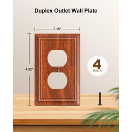 4-Pack Duplex Outlet Cover Plate, Decorative Wood Grain Switch Plates and Outlet Covers, Natural Bamboo Fiber Wall Plates for Electrical Outlets, 1 Gang Receptacle Cover, Corrosion Resistant