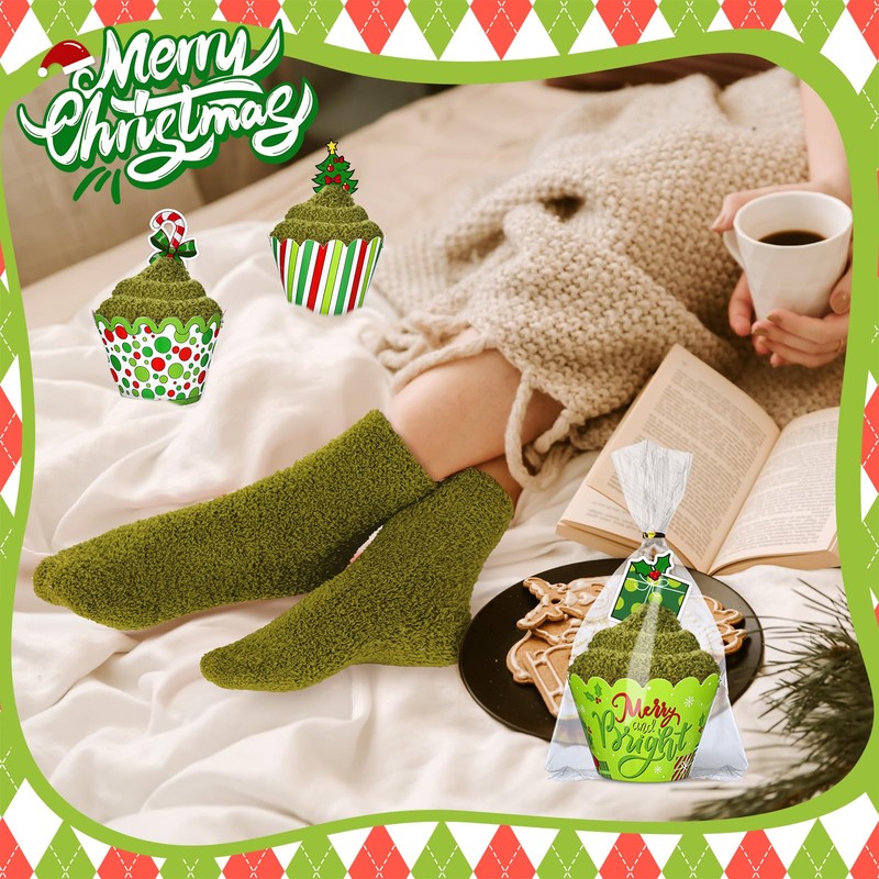 Suhine 24 Pairs Christmas Cupcake Socks Fuzzy Socks for Women