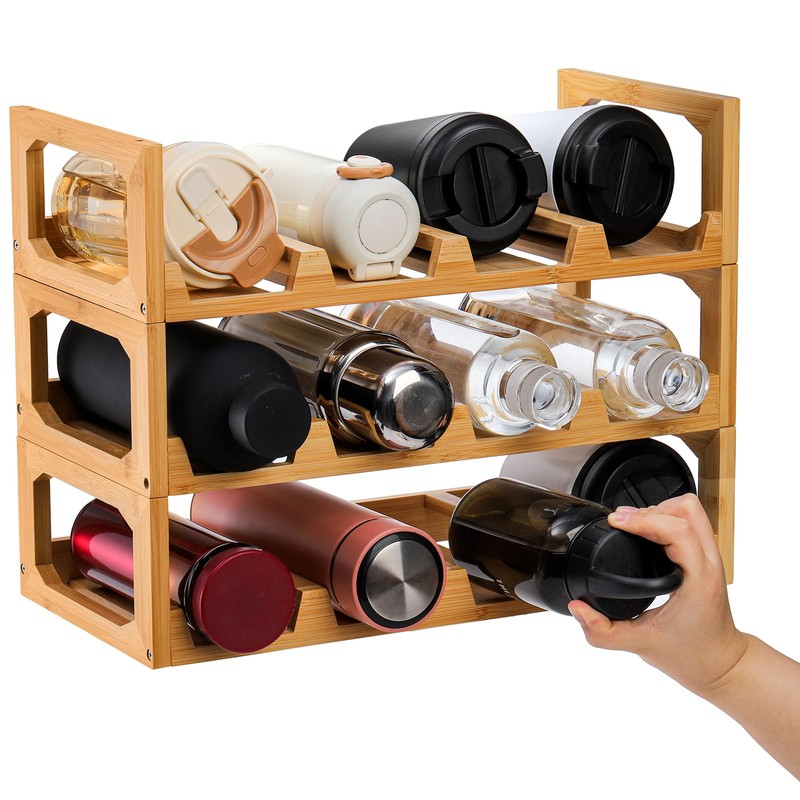 Pumtus 3 Tier Bamboo Water Bottle Organizer, Stackable Bottle Storage