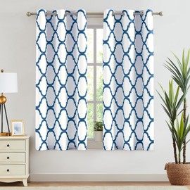 Melodieux Moroccan Fashion Thermal Insulated Room Darkening Blackout Grommet Curtains for Living Room, 42 by 63 Inch, Off White/Royal Blue (2 Panels)