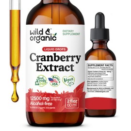 Wild & Organic Cranberry Supplement 12,500 mg - Pure Cranberry Extract Liquid Drops - Cranberry Urinary Tract Support Tincture for Women - No Sugar & Alcohol - 2 fl oz
