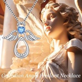 Guardian Angel Necklace Pendant Angel Necklace Sterling Silver Angel Necklace for Women Little Angel Wing Necklace Pendant Women Angel Jewelry Sea Blue Birthstone Necklace March Birthday Gift