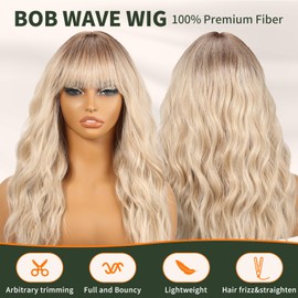 KOME Bob Rizado Peluca Con Flequillo Corto Ondulado Rubio Ombre Pelucas Para Mujer Corte De Pelo Lob Sintético Resistente Al Calor Pelucas Bob 14In...