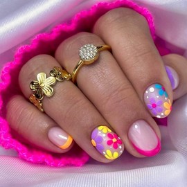 French Tip Press on Nails Glossy Short Almond Fake Nails with Colorful Daisy and Polka Dot Designs Spring Summer False Manicure Full Cover Acrylic Artificial Manicure for Women 24 Pcs