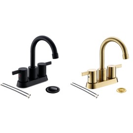 Phiestina 4 Inch 2 Handle Deck Mount Bathroom Faucet with Copper Pop Up Drain and 2 Water Supply Lines, Brushed Finish, BF015-1-MB+BF015-1-BG