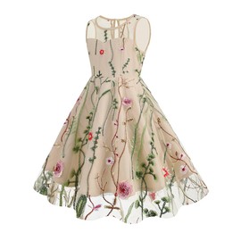Girls' Mesh Embroidered Dress with Tulle & 3D Floral Embroidery - Perfect for Christmas, Weddings & Birthdays - Apricot, Size 11-12