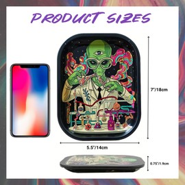 Premium Small Metal Tray with Soft Magnetic Lid, 7'' X 5.5'' Decorative Tray, Fantasy Colorful Alien Scientist Design,Ideal Storage for Home or Travel (Black)