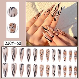 Press on Nails Pointed Almond Glossy Full Cover Acrylic Almond Medium Length False Nails with Leopard Line Designs Artificial Fake Nails Glue ons Almond Nails Stick on Fingernails for Women Girls