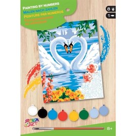MAMMUT 8222006 Painting by Numbers Junior Motif Swans Complete Set with Printed Painting Template in A4 Format, Beginner Set with 8 Acrylic Paints, Brush and Instructions (English language not
