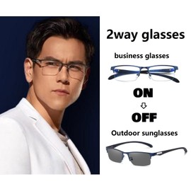 REONAS Brand 2 Blue Light Reduction Glasses + Dimming, Color Changes to Sunglasses for Computers, Business, 2-Way Specifications, Lightweight, UV Protection, Over 90%, Half Rim, navy