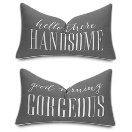 ADecor Hello Handsome Good Morning Gorgeous Set of 2 Pcs Embroidered Lumbar Decorative Accent Throw Pillow Cover - Bedroom Decor, Gift for Newlyweds - 12x20 Inches, Dark Grey