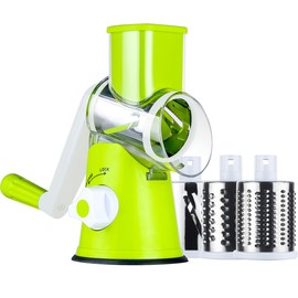 Ourokhome Rotary Cheese Grater Slicer- Vegetable Mandoline Slicer with 3 Interchangeable Ultra Sharp Cylinders Stainless Steel Blades（Green）
