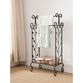KB Designs - Freestanding 3 Tier Metal Towel Rack Stand with Storage Shelf, Black/Gold