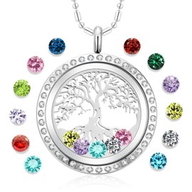 AZNECK Family Tree of Life Floating Charm Locket Necklace for Women with Birthstones Living Memory Pendant DIY Stainless Steel Jewelry Mothers Gifts, Metal