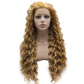 Mxangel Long Curly Synthetic Lace Front Wig Highlight Blonde Celebrity Stylish Natural Swiss Lace Wigs