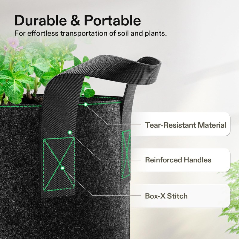 VIVOSUN 5-Pack 5 Gallon Grow Bags Heavy Duty 300G Thickened
