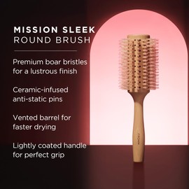 Fromm Mission Sleek Vented Round Boar Brush for Smooth, Lustrous Blowouts Even on Frizz-Prone Hair Wooden Hairbrush with Natural Boar for Anti-static Styling, Smoothing, Straightening & Shine (1.75")