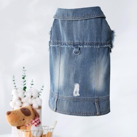 Cantuccistudio Dog Jean Jacket, Blue Denim Lapel Vest Coat T-Shirt Costume Cute Girl Boy Puppy Clothes, Comfort and Cool Apparel, for Small Medium Dogs Cats, Machine Washable Outfits (Large)