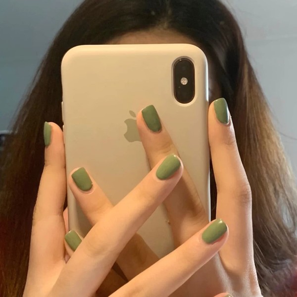 Short Square Matcha Green False Nails Glossy Pure Color Collection,24Pcs
