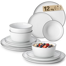 MALACASA 12 Pieces Gourmet Porcelain Dinnerware Sets, Premium Plates and Bowls Set, High-Fired Dishes Set for 4, Chip & Scratch Resistant, Microwave Dishwasher Safe, White & Black Rim, Series LEXI