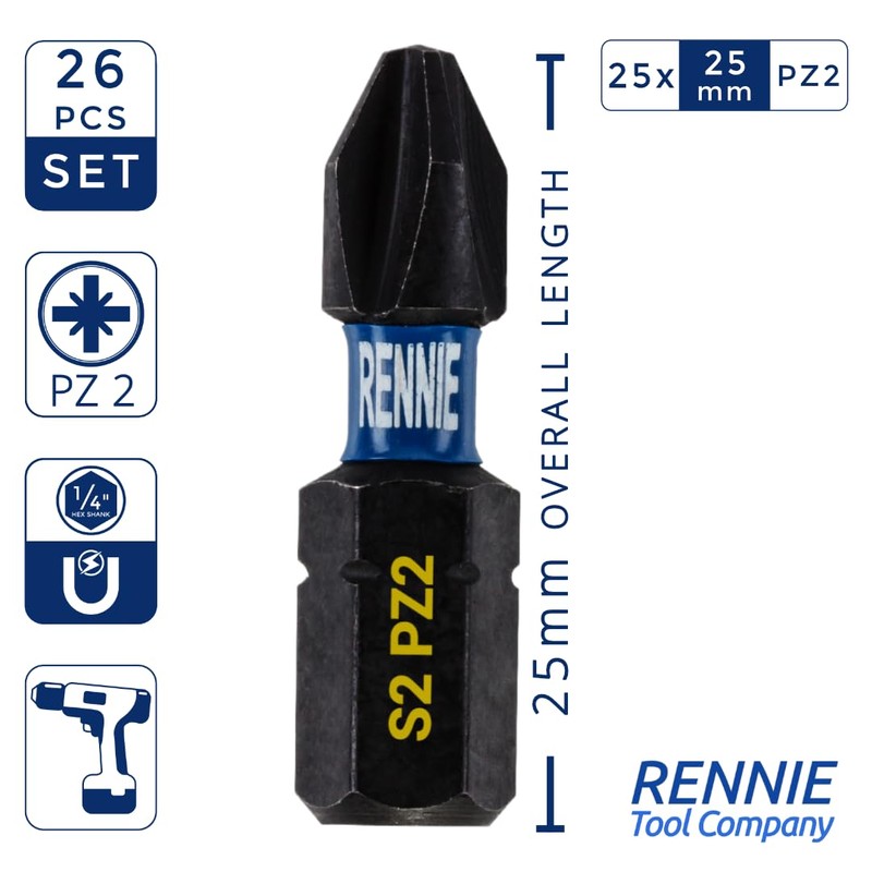 26 x Rennie Tools 25mm Long PZ2 Impact Screwdriver Driver