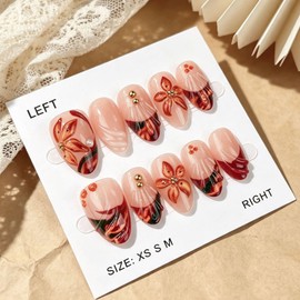 Thanksgiving Press on Nails Medium Almond Fake Nails 5D Brown Flower Artificial Nails Press ons Fall French Tips Glue on Nail Bead & Water Ripple Full Cover Stick on Nail for Women Autumn Nail 30Pcs